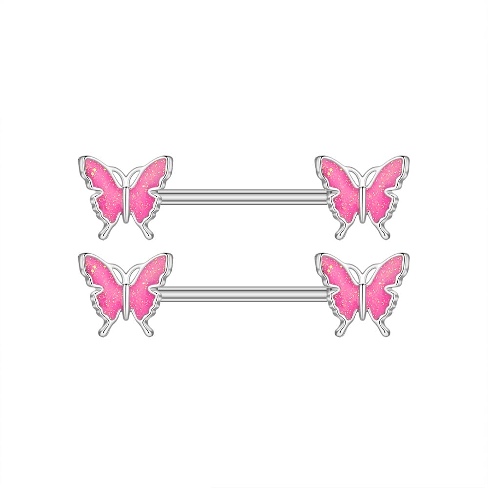 14G Dainty Butterfly Nipple Rings 316L Stainless Steel Nipple Barbell Nippleshield Piercing Bar Nipple Straight Barbells Cute Body Piercing Jewelry Gifts for Women Girls BFF Wife (Pink)