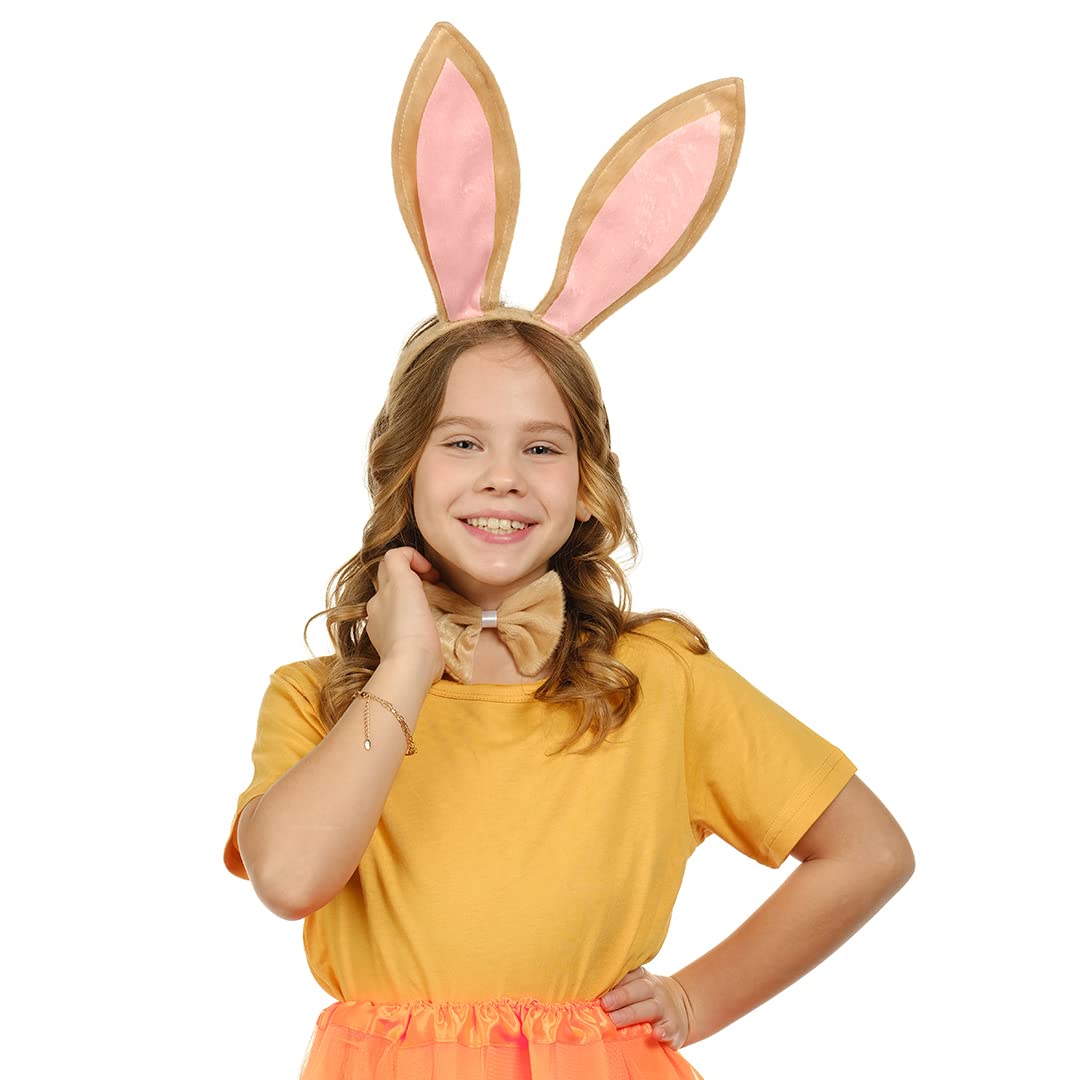 Funcredible Brown Bunny Ears and Tail Set - Bunny Ears Headband, Bunny Tail and Bowtie - Bunny Costume Set - Rabbit Costume Cosplay Accessories for Kids and Adult