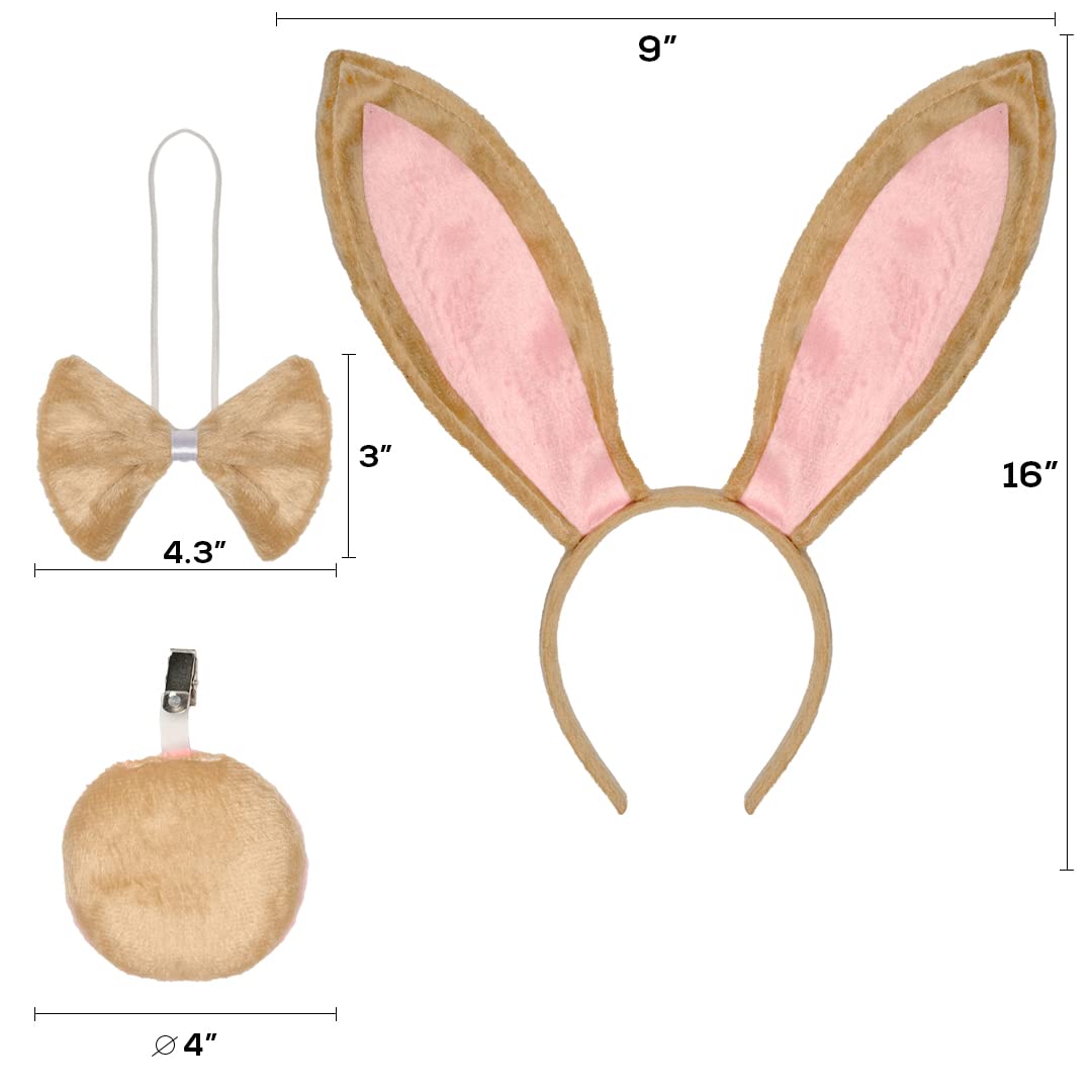 Funcredible Brown Bunny Ears and Tail Set - Bunny Ears Headband, Bunny Tail and Bowtie - Bunny Costume Set - Rabbit Costume Cosplay Accessories for Kids and Adult