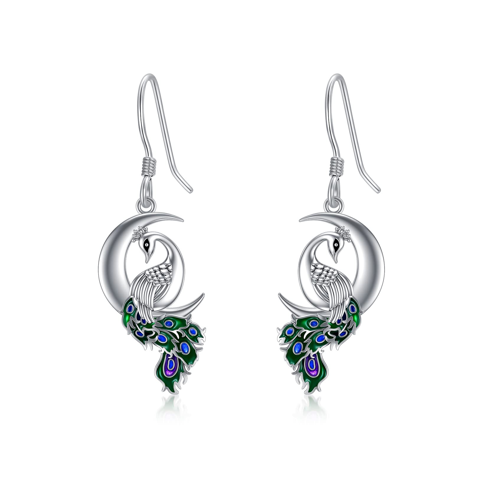 Peacock Moon Dangle Earrings 925 Sterling Silver Crescent Half Moon Peafowl Drop Dangling Earrings Jewelry Gifts for Women