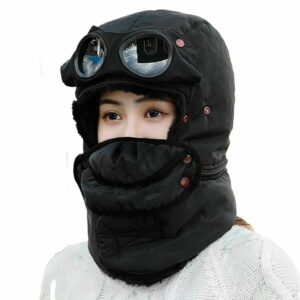 LINPING Winter Thermal Trapper Hat with Glasses Winter Cycling Windproof Ski Mask Cap (Black)