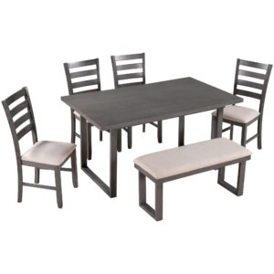 Quarte Wood Dining Table Set, Rrectangle Table and 4 Chairs with Bench, Kitchen Family Furniture Set of 6, Rustic Style