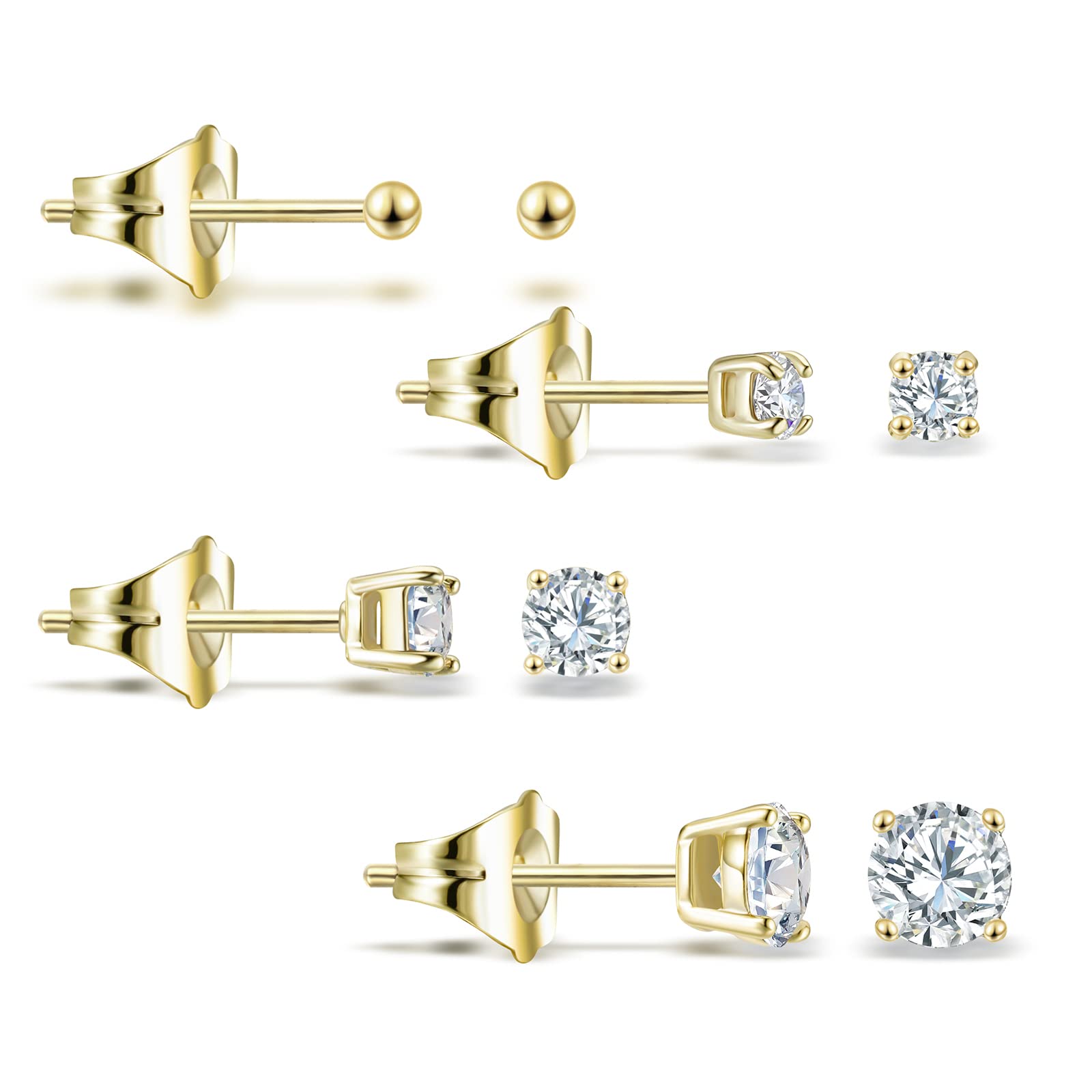 Dabestapp 14K Gold Plated CZ Stud Earrings Simulated Diamond Hypoallergenic Piercing Ear Studs Set 2mm /3mm/4mm/5mm for womens and girls（4Pairs ）