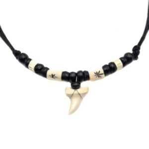 Swimmi Genuine Shark Tooth Necklace for Men, Mako Shark Tooth Necklace, Handmade Wooden Beads Cords Surfer Shark Tooth Necklace for Women Jewelry GA384