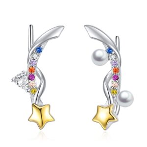 yafeini star earrings pair of 2 different pearl ear climber earrings 925 sterling silver jewelry gifts for her girlfriend women