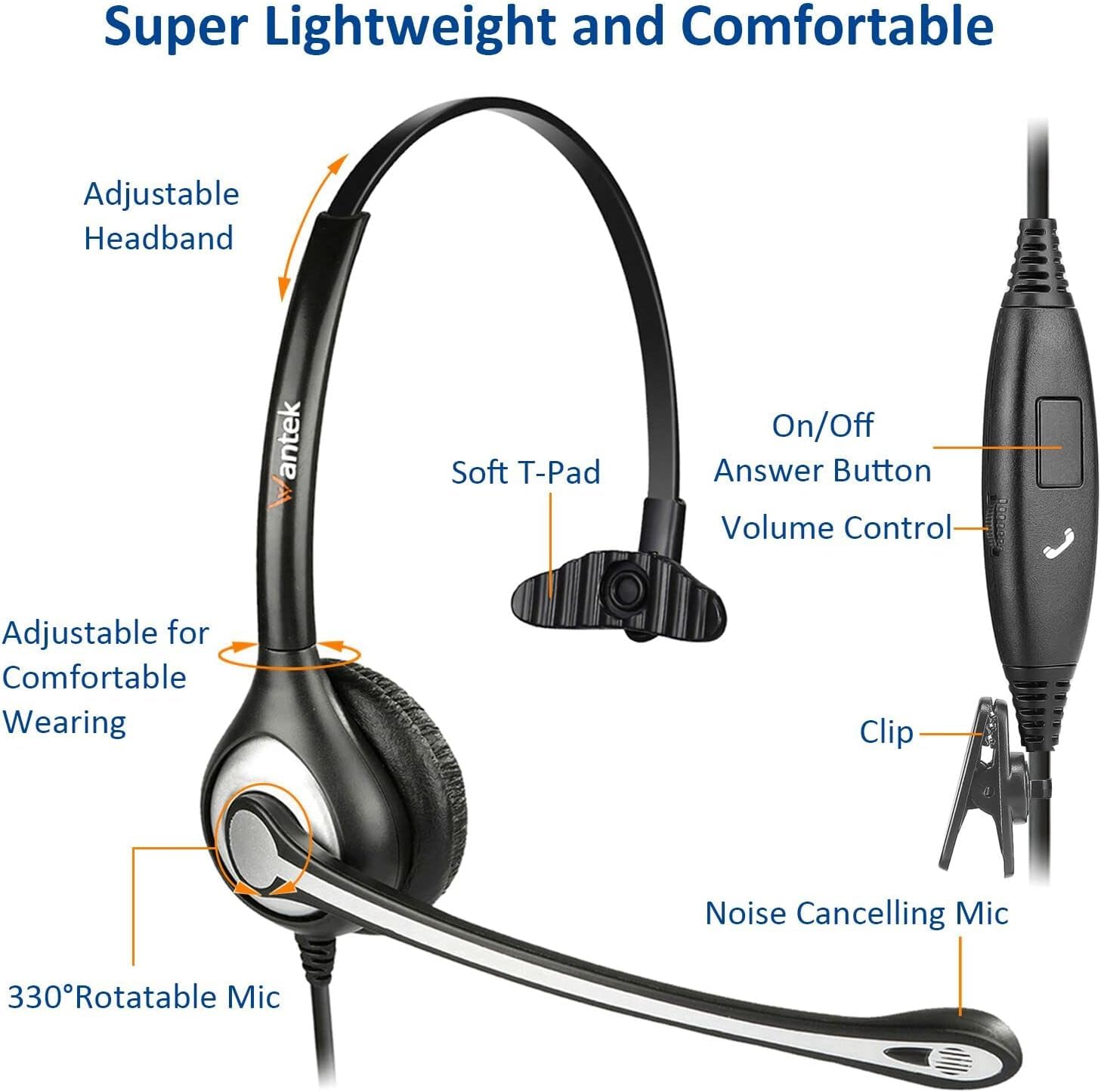 Wantek Cell Phone Headset with Microphone Noise Cancelling for PC,3.5mm Jack,Volume Control,Wired Computer Headset for Zoom Skype,for Office,Business, Call Center, Clear Chat