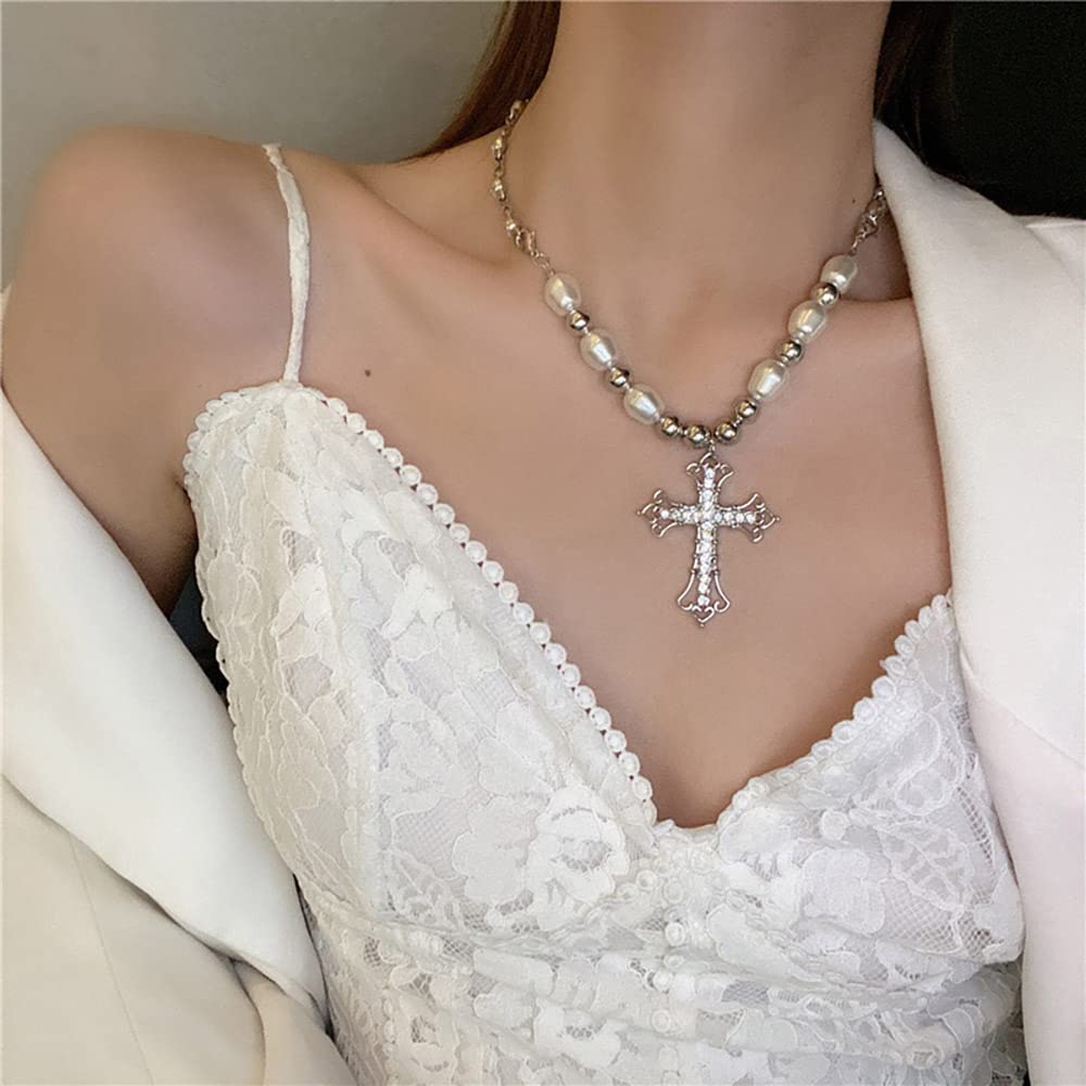 Y2k Pearl Cross Necklace Coquette Aesthetic Baddie Irregular Pearl Crystal Cross Chain Necklace Cool Punk Vintage Jeweley for Women