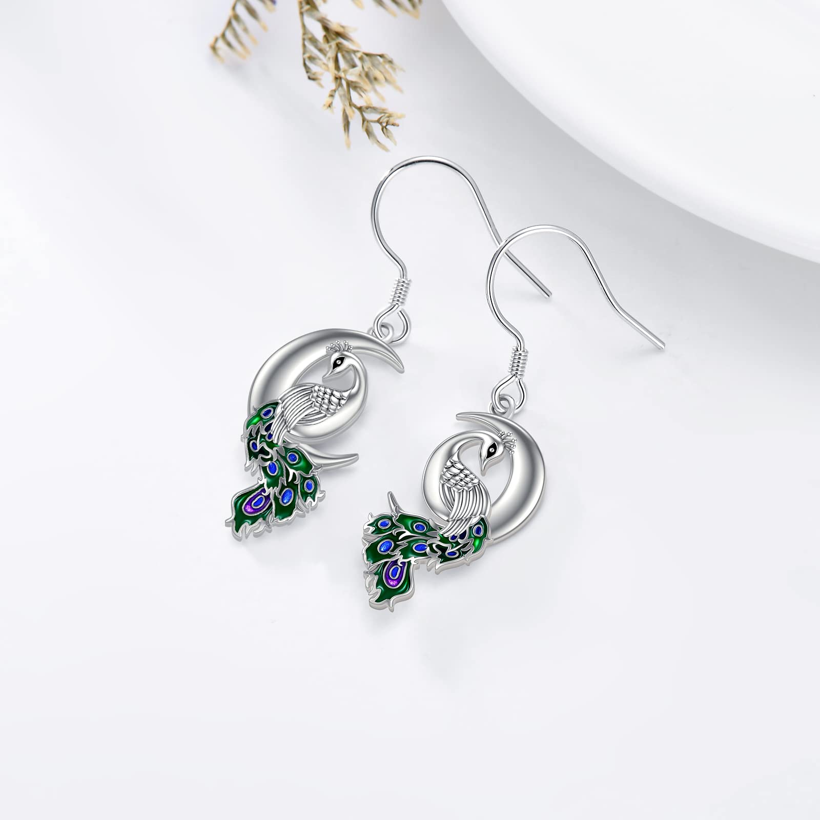 Peacock Moon Dangle Earrings 925 Sterling Silver Crescent Half Moon Peafowl Drop Dangling Earrings Jewelry Gifts for Women