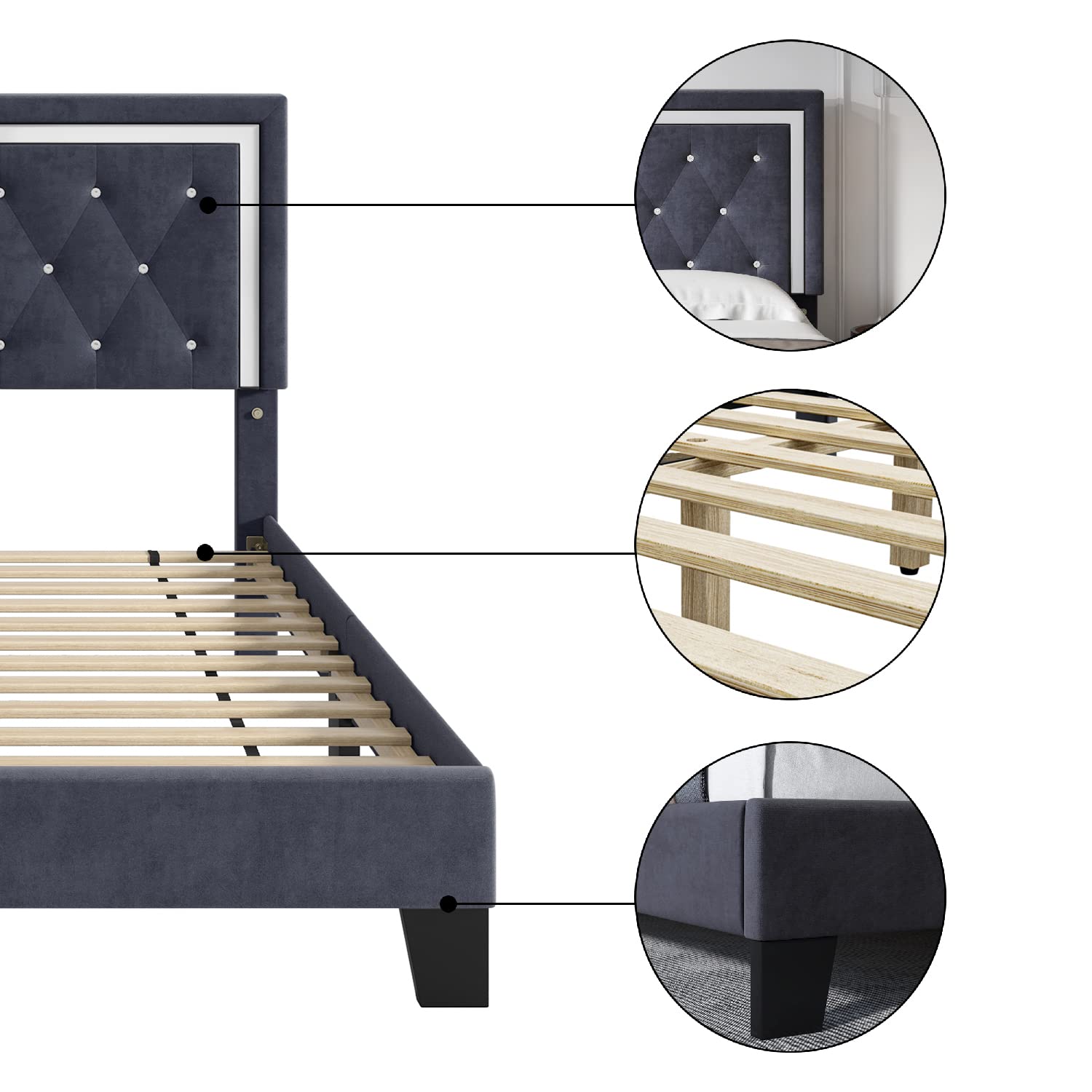 HITHOS Full Bed Frame, Upholstered Platform Bed Frame with Modern Adjustable Headboard, Diamond Tufted Mattress Foundation with Wooden Slat Support, No Box Spring Needed, Easy Assembly (Full, Gray)