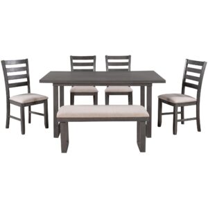 Quarte Wood Dining Table Set, Rrectangle Table and 4 Chairs with Bench, Kitchen Family Furniture Set of 6, Rustic Style