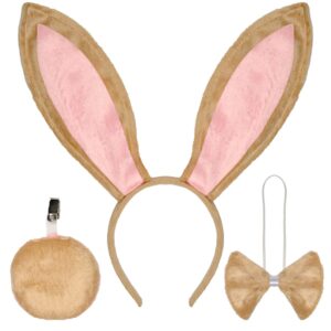 funcredible brown bunny ears and tail set - bunny ears headband, bunny tail and bowtie - bunny costume set - rabbit costume cosplay accessories for kids and adult