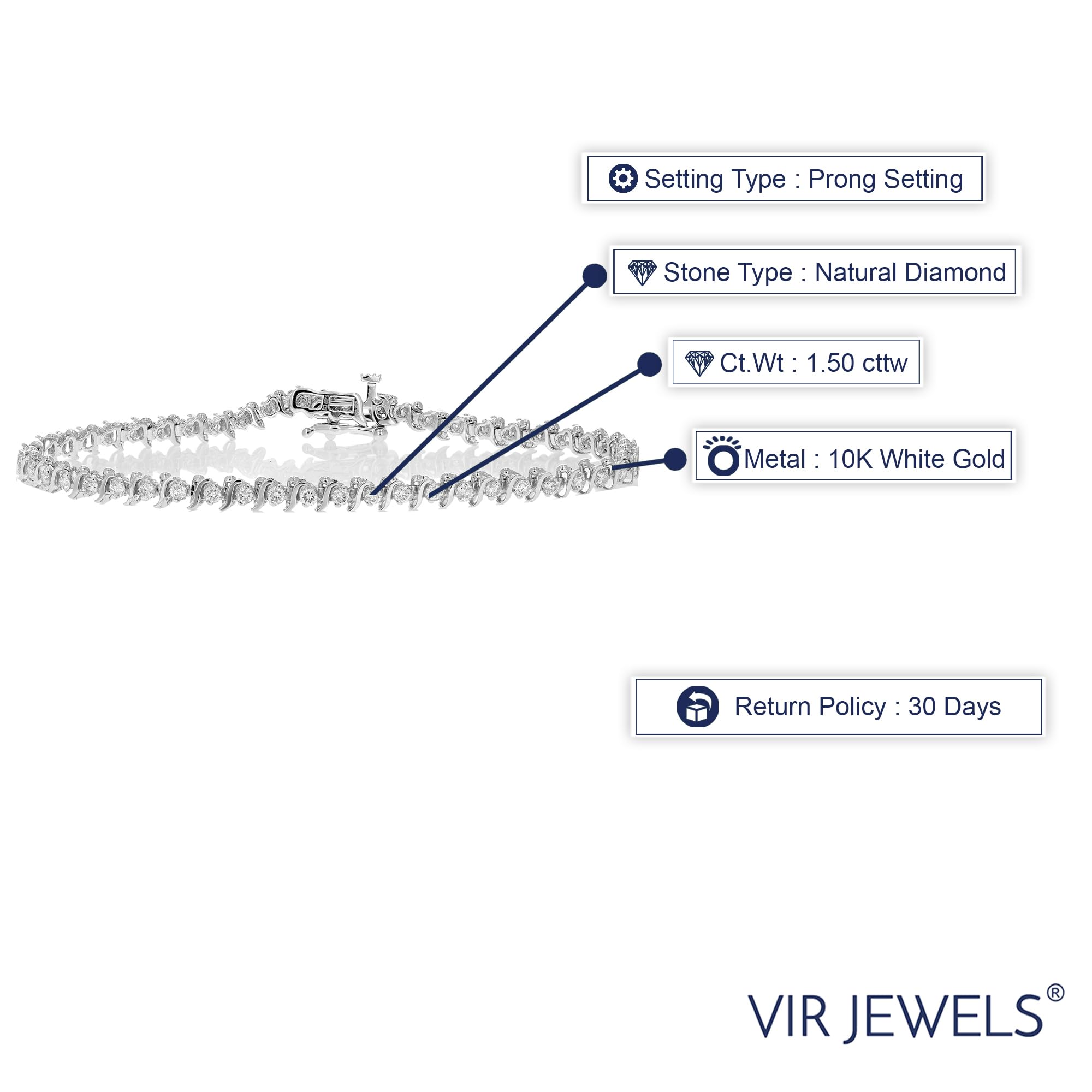 Vir Jewels 1.50 cttw Certified SI2-I1 IGI Diamond Bracelet 10K White Gold S-Link 7 Inch