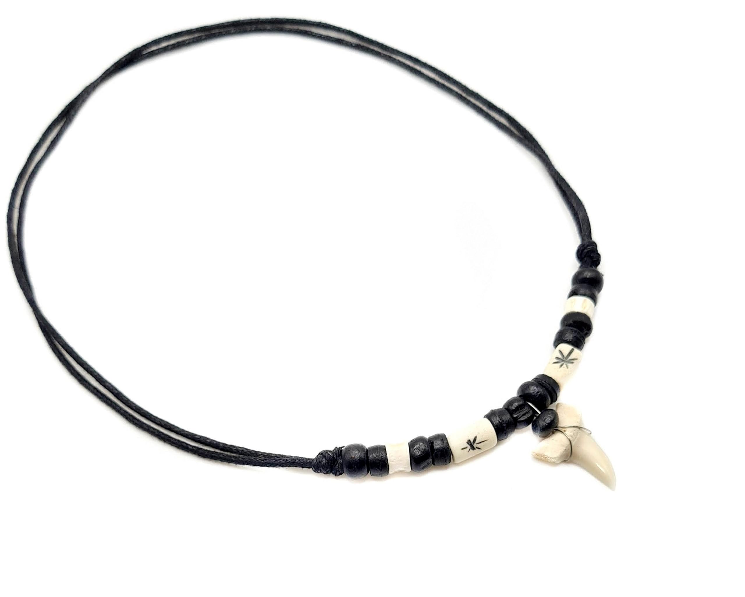 Swimmi Genuine Shark Tooth Necklace for Men, Mako Shark Tooth Necklace, Handmade Wooden Beads Cords Surfer Shark Tooth Necklace for Women Jewelry GA384