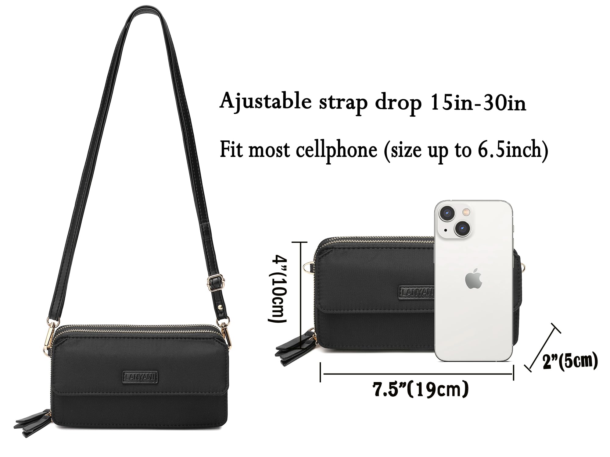 Lanyani crossbody wallet purse phone small shoulder bag with wristlet strap for women ladies (Nylon Black)