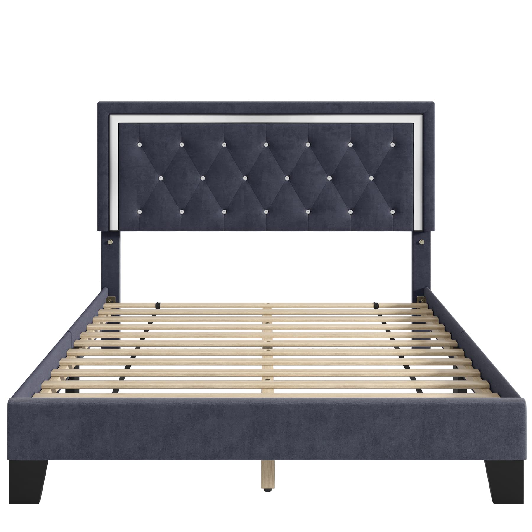 HITHOS Full Bed Frame, Upholstered Platform Bed Frame with Modern Adjustable Headboard, Diamond Tufted Mattress Foundation with Wooden Slat Support, No Box Spring Needed, Easy Assembly (Full, Gray)