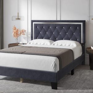 HITHOS Full Bed Frame, Upholstered Platform Bed Frame with Modern Adjustable Headboard, Diamond Tufted Mattress Foundation with Wooden Slat Support, No Box Spring Needed, Easy Assembly (Full, Gray)