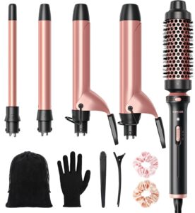 wavytalk 5 in 1 curling iron,curling iron set with heated round brush and 4 interchangeable ceramic curling wand(0.5”-1.25"), instant heat up,dual voltage hair curler