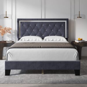 HITHOS Full Bed Frame, Upholstered Platform Bed Frame with Modern Adjustable Headboard, Diamond Tufted Mattress Foundation with Wooden Slat Support, No Box Spring Needed, Easy Assembly (Full, Gray)