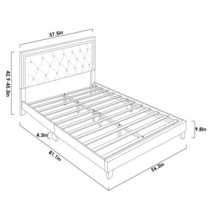 HITHOS Full Bed Frame, Upholstered Platform Bed Frame with Modern Adjustable Headboard, Diamond Tufted Mattress Foundation with Wooden Slat Support, No Box Spring Needed, Easy Assembly (Full, Gray)