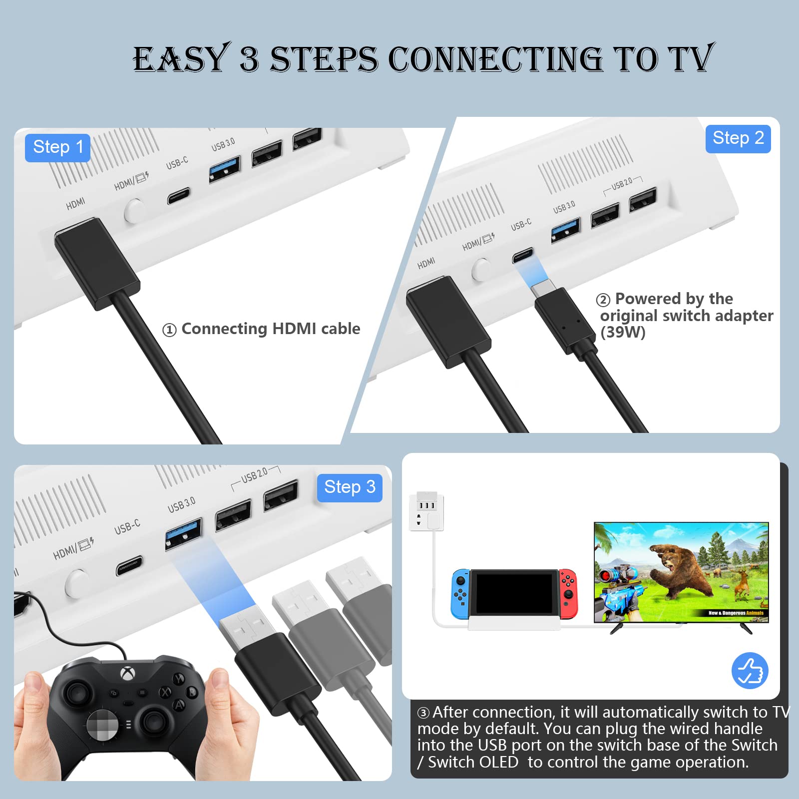 KEKUCULL TV Docking Station for Switch and Switch OLED,Switch Docking Station with 4K/1080P HDMI Adapter and USB 3.0 Port,Replacement for Official Switch Dock(White)