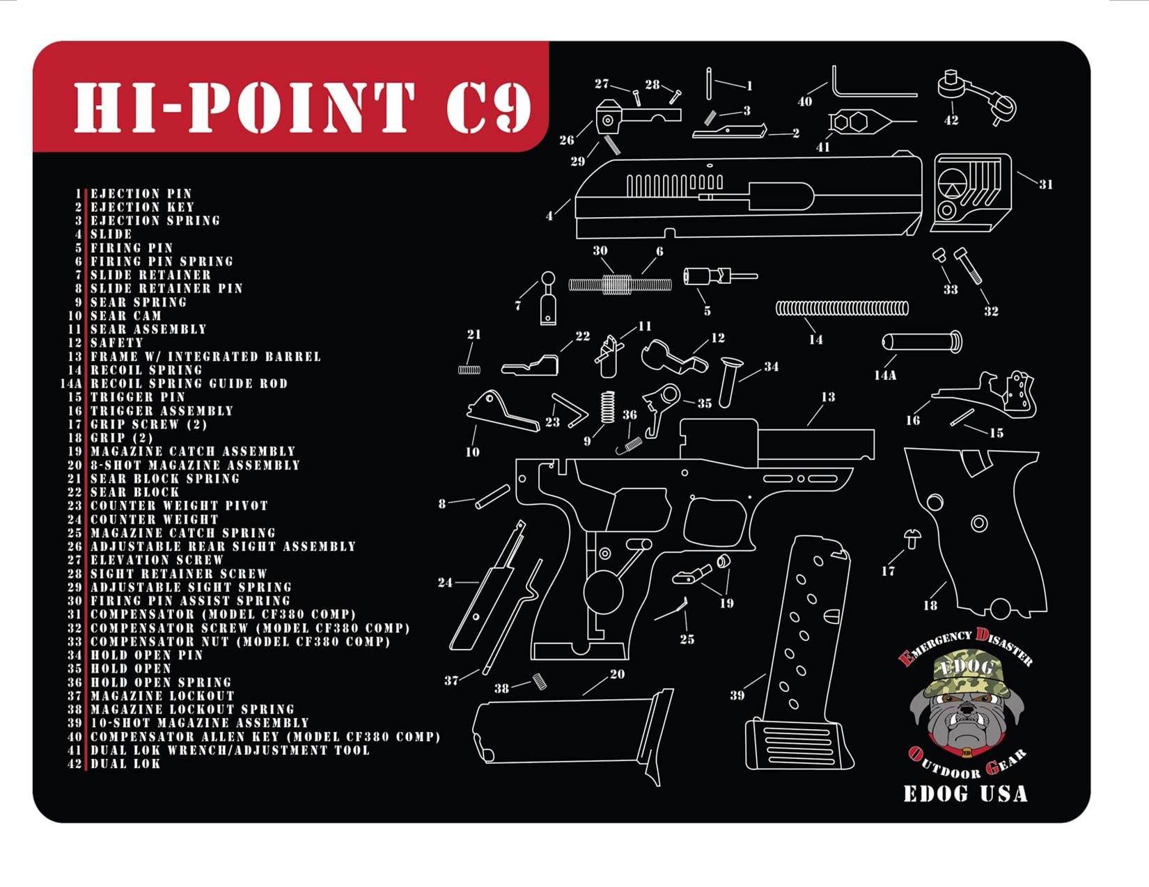 Gun Cleaning Mat Compatible for Hi-Point C9 Schematic (Exploded View) Heavy Duty Pistol Cleaning 12x17 Padded Gun-Work Surface Protector Mat Solvent & Oil Resistant