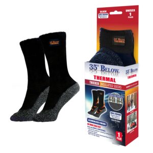 35° below thermal insulated socks for men and women, designed with soft aluminized loops to keep feet warm and cozy, one pair, large, black/silver