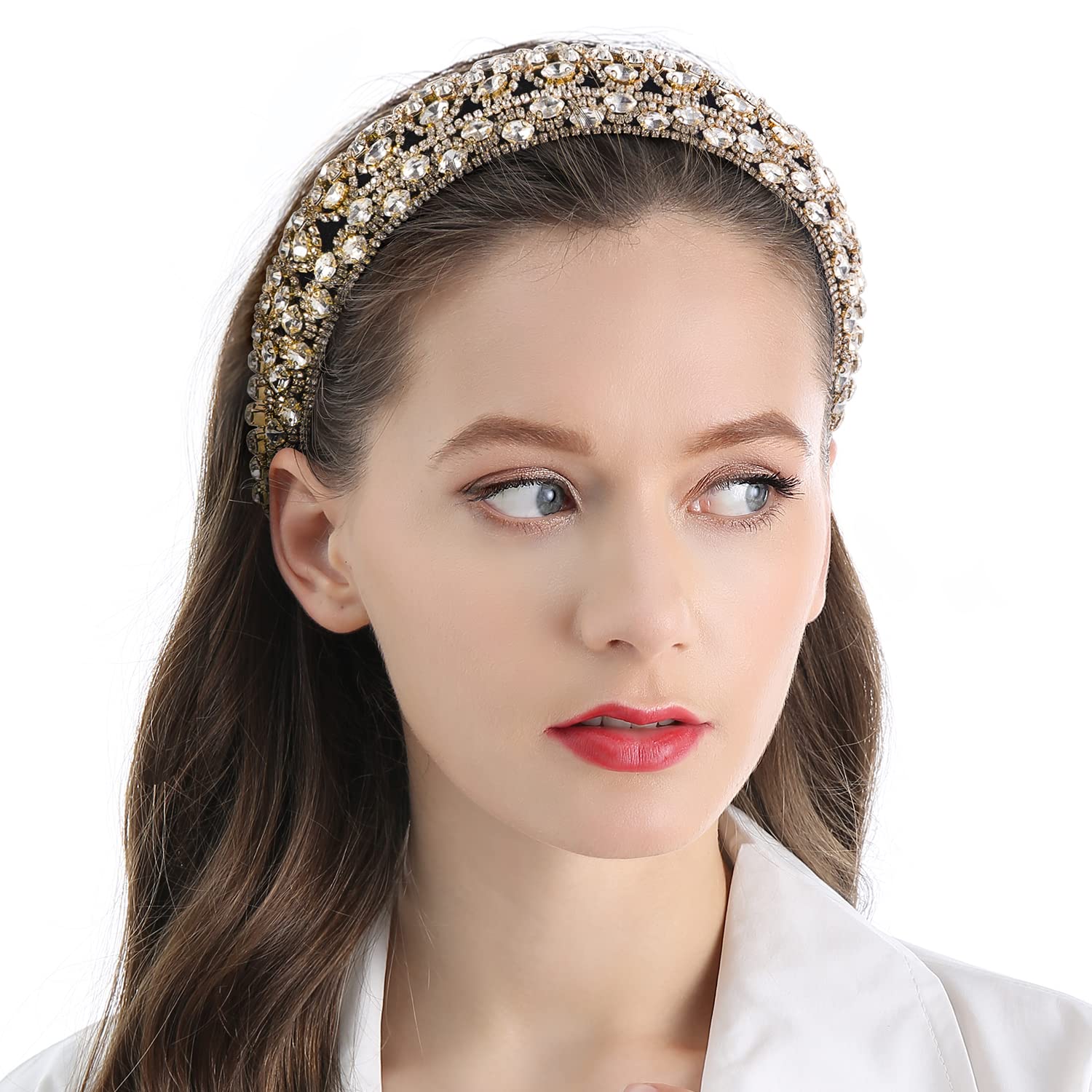 QIANXUAN Crystal Rhinestone Headbands For Women White Pearl Headbands For Girls Padded Headband Black Velvet Jewelry Chain Hairband Handmade Pearly Flower Retro Filling Diamond Hair Accessories