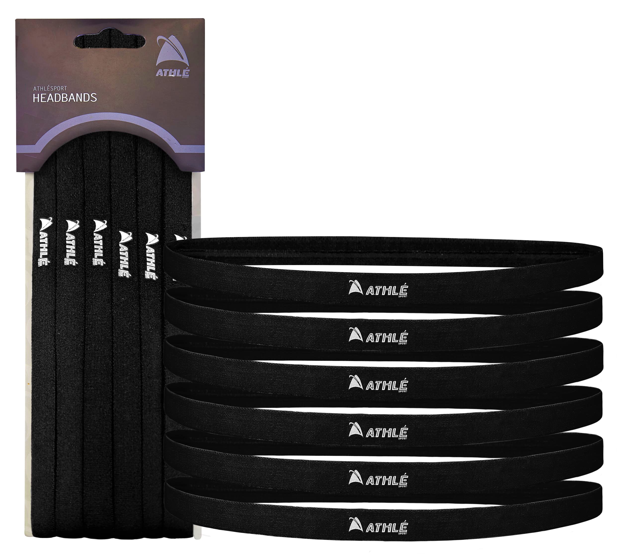 Athlé Skinny Headbands for Women and Men - 6 Pack - Elastic Headbands for Women and Men - Non Slip Silicone Grip - Lightweight and Comfortable Thin Headbands - Black