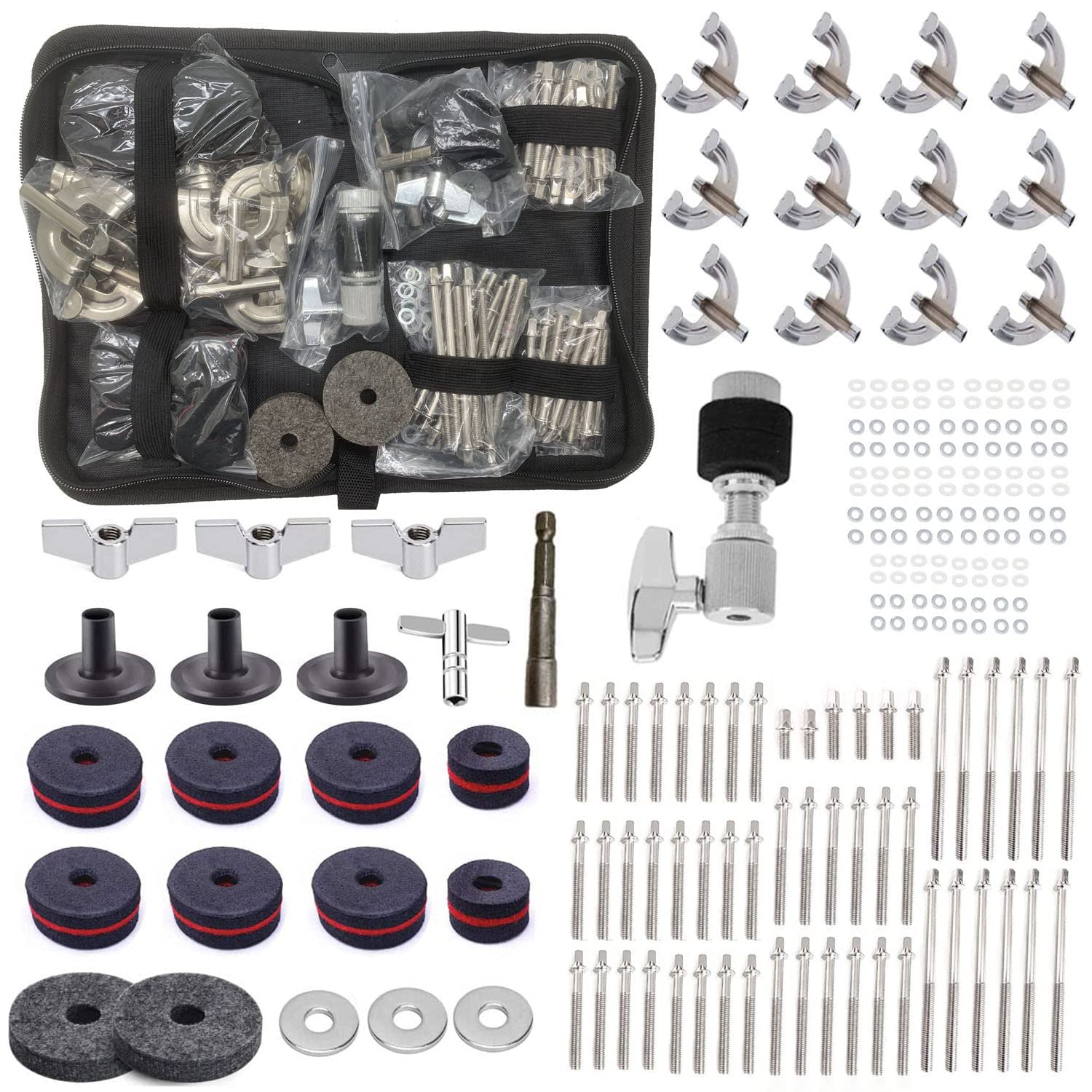 Jiayouy Drum Set Parts Hardware Pack 12pcs Bass Drum Claws & 54pcs Tension Rods(15mm-90mm) Cymbal Felts Hi-Hat Clutch Washer Sleeves and Base Wing Nuts Cymbal Replacement Accessories