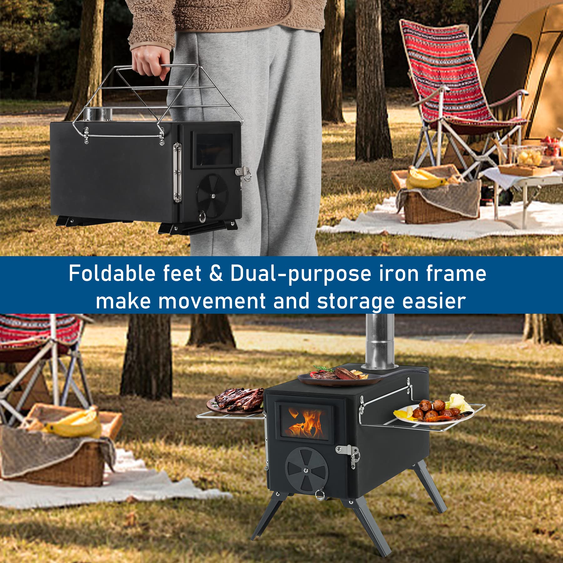 YUMEBUY Outdoor Camping Stove Camp Tent Stove, Portable Wood Burning Stove with Chimney Pipe for Tent, Shelter, Camping Heating and Cooking