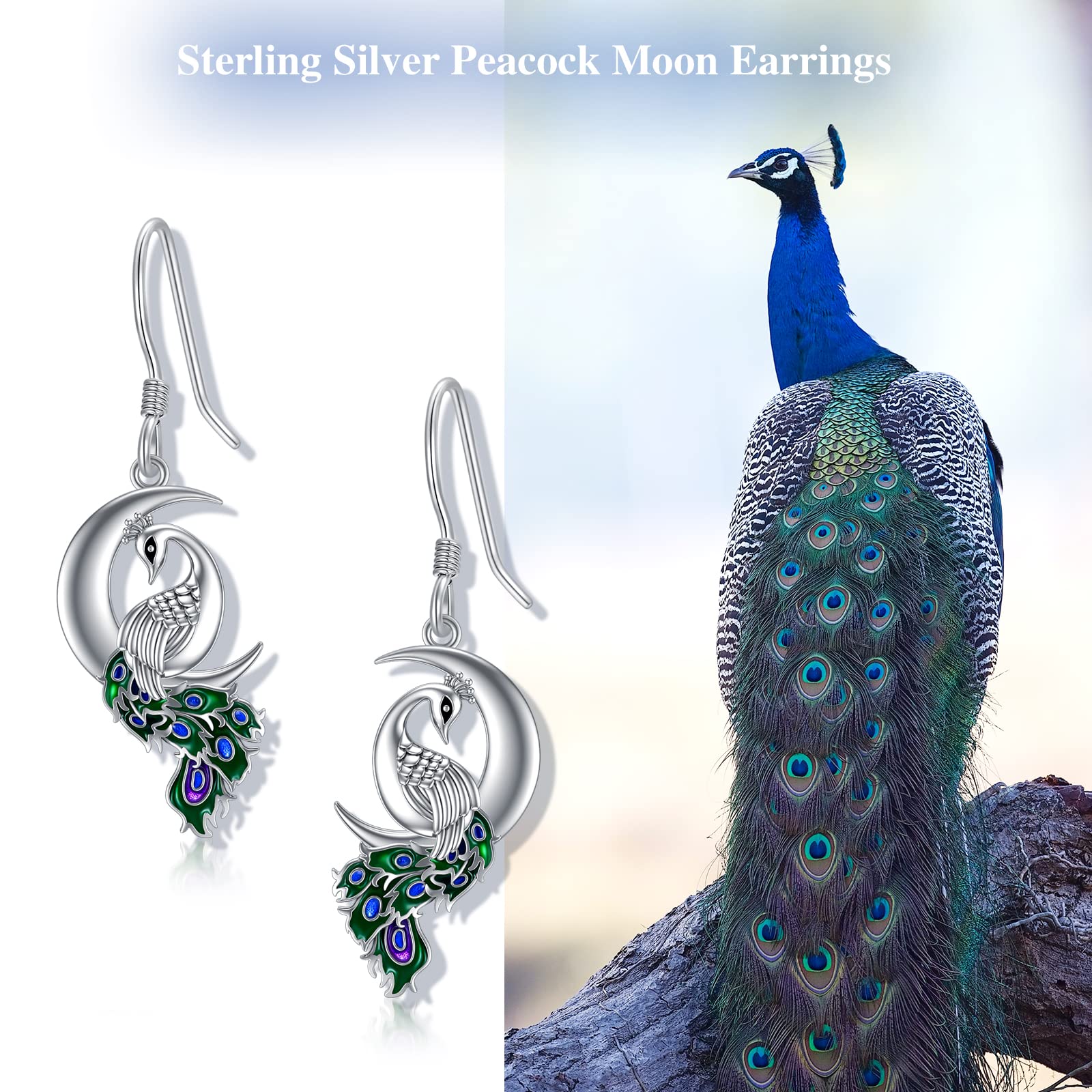 Peacock Moon Dangle Earrings 925 Sterling Silver Crescent Half Moon Peafowl Drop Dangling Earrings Jewelry Gifts for Women