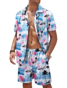 coofandy men's hawaiian 2 piece short set cruise wear short sleeve button down shirts and shorts