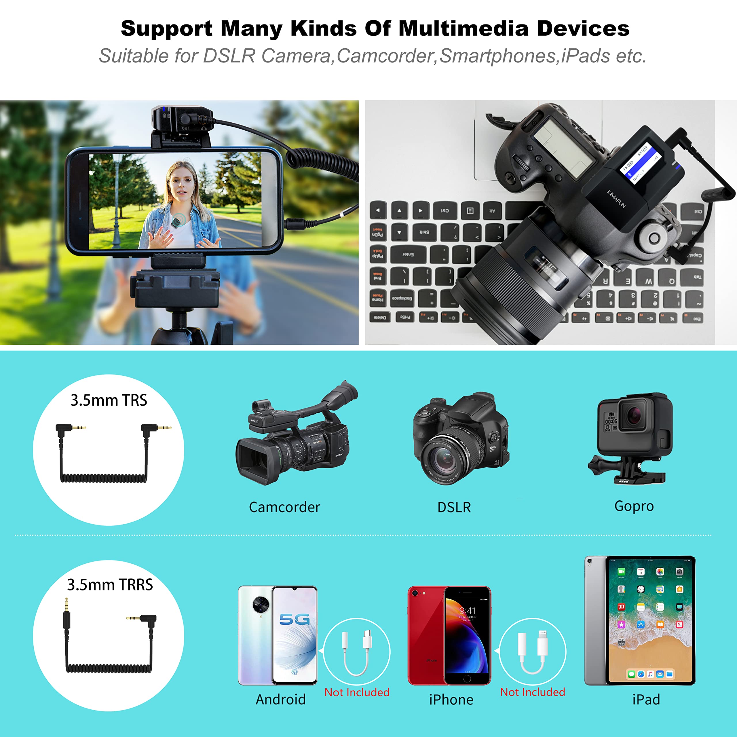 KIMAFUN Wireless Lavalier Microphone for Camera, Lapel Mic System for Vlogging Video Recording KM-G50-1