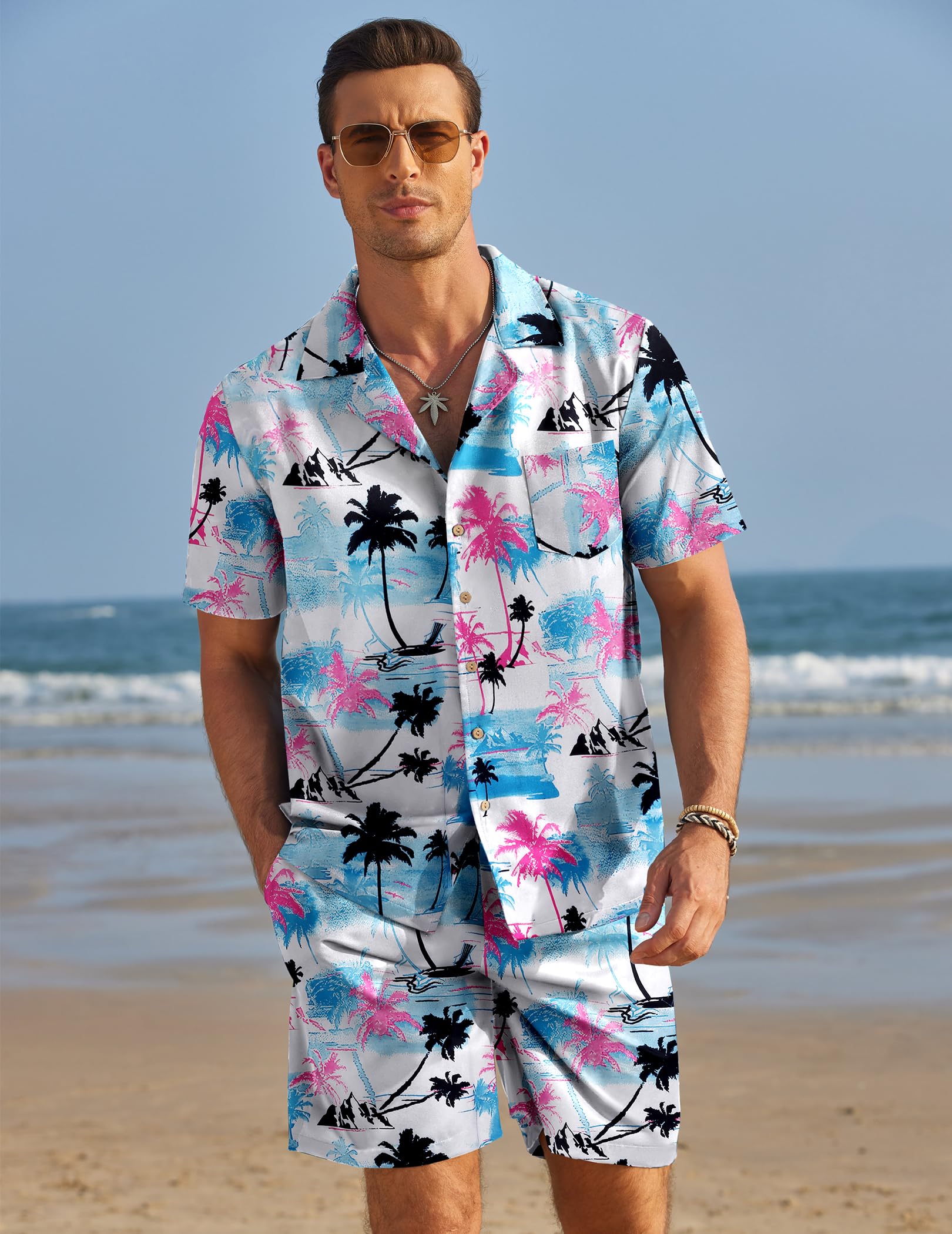 COOFANDY Men's Hawaiian 2 Piece Short Set Cruise Wear Short Sleeve Button Down Shirts and Shorts