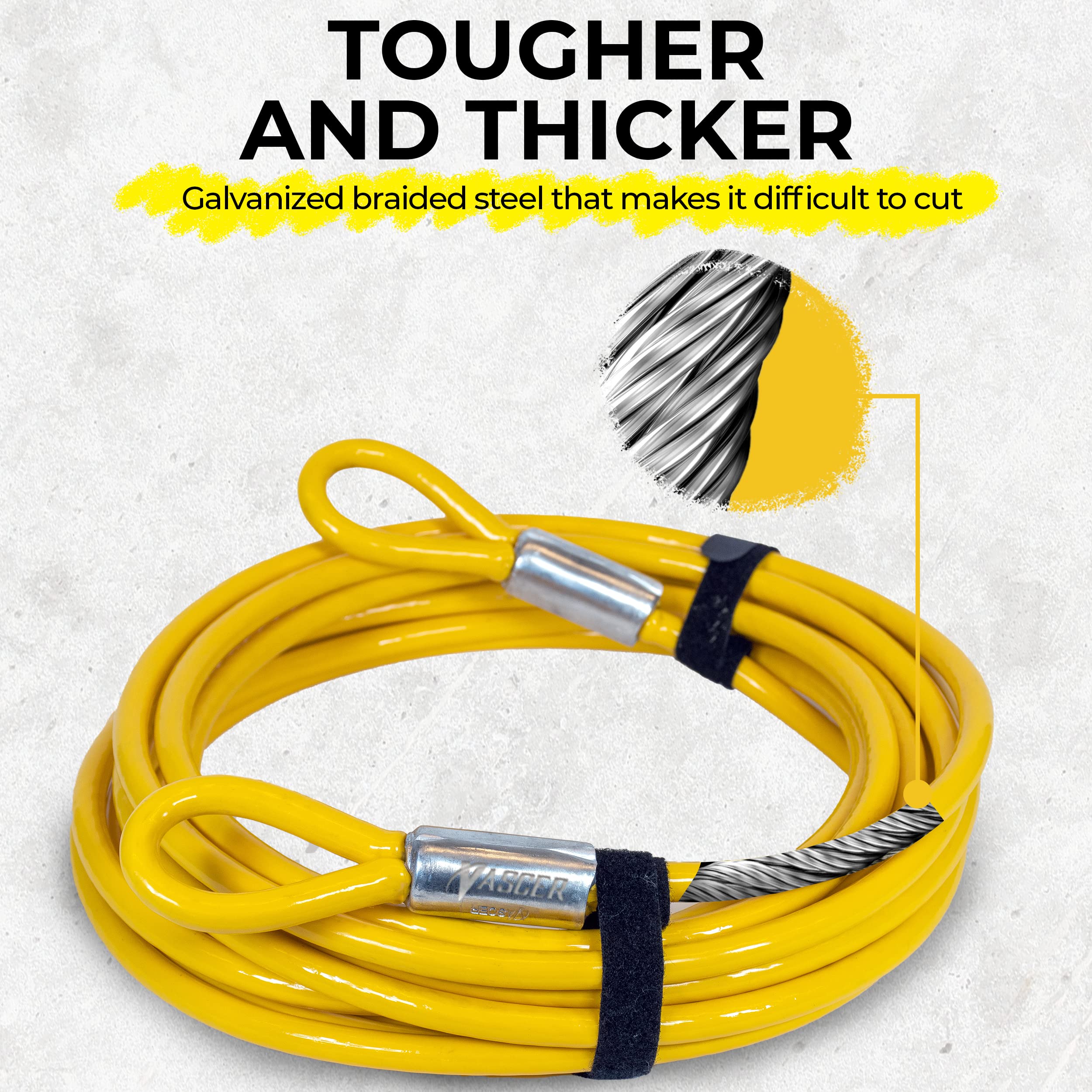 Vascer 30FT (1/2") Commercial Security Cable with Loops - Galvanized Braided Steel Security Cable to Secure High Value Equipment - PVC-Coated Anti Theft Locking Cable for Trailers, Mowers, E-Bikes