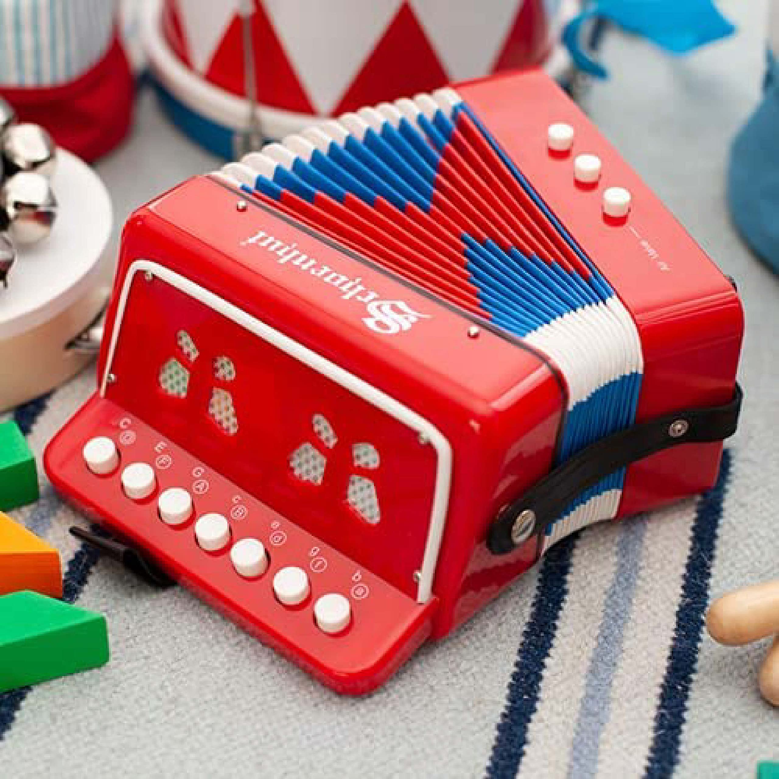 Schoenhut Red Accordion - 7 Treble Keys and 3 Air Valves Keyboard Accordion with Accordion - Easy to Play and Learn Kids' Musical Instruments - Accordion for Beginners