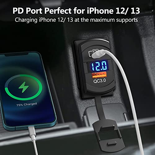 [2022 New] USB C Car Charger Socket Rocker Style Switch Replacement, Dual PD and QC3.0 12V/24V Panel Mount USB Outlet with LED Voltmeter for Boat Marine Truck Bus Off Road Vehicles RV Golf Cart, etc.