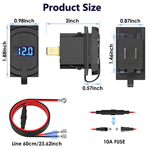 [2022 New] USB C Car Charger Socket Rocker Style Switch Replacement, Dual PD and QC3.0 12V/24V Panel Mount USB Outlet with LED Voltmeter for Boat Marine Truck Bus Off Road Vehicles RV Golf Cart, etc.