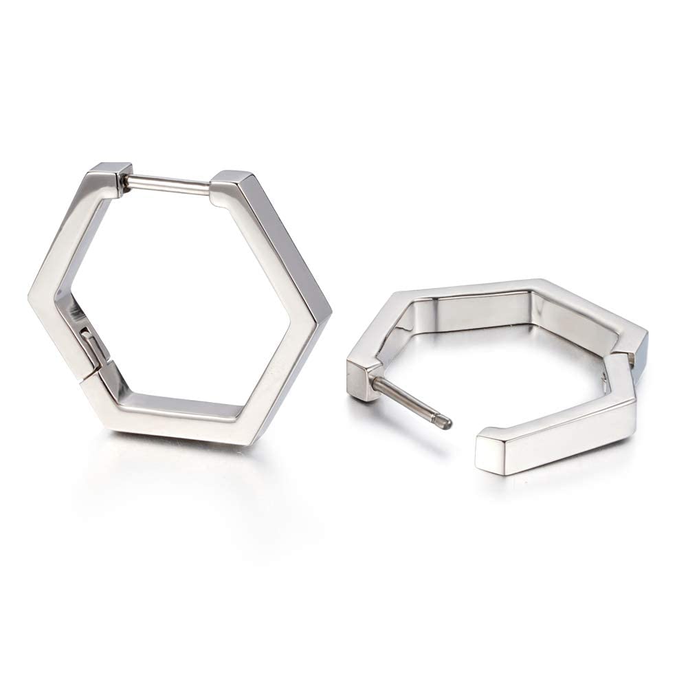 Hexagon Chunky Pure Titanium Huggie Hoop for 21mm Small Hypoallergenic Lightweight High Polished Open Geometric Hoops Earrings Jewelry Gifts for Women Men