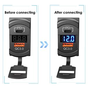 [2022 New] USB C Car Charger Socket Rocker Style Switch Replacement, Dual PD and QC3.0 12V/24V Panel Mount USB Outlet with LED Voltmeter for Boat Marine Truck Bus Off Road Vehicles RV Golf Cart, etc.