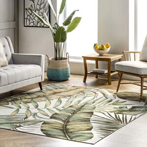 nuLOOM Elen Machine Washable Natural Leaves Ultra Thin Area Rug, 9x12, Olive