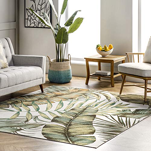 nuLOOM Elen Machine Washable Natural Leaves Ultra Thin Area Rug, 9x12, Olive