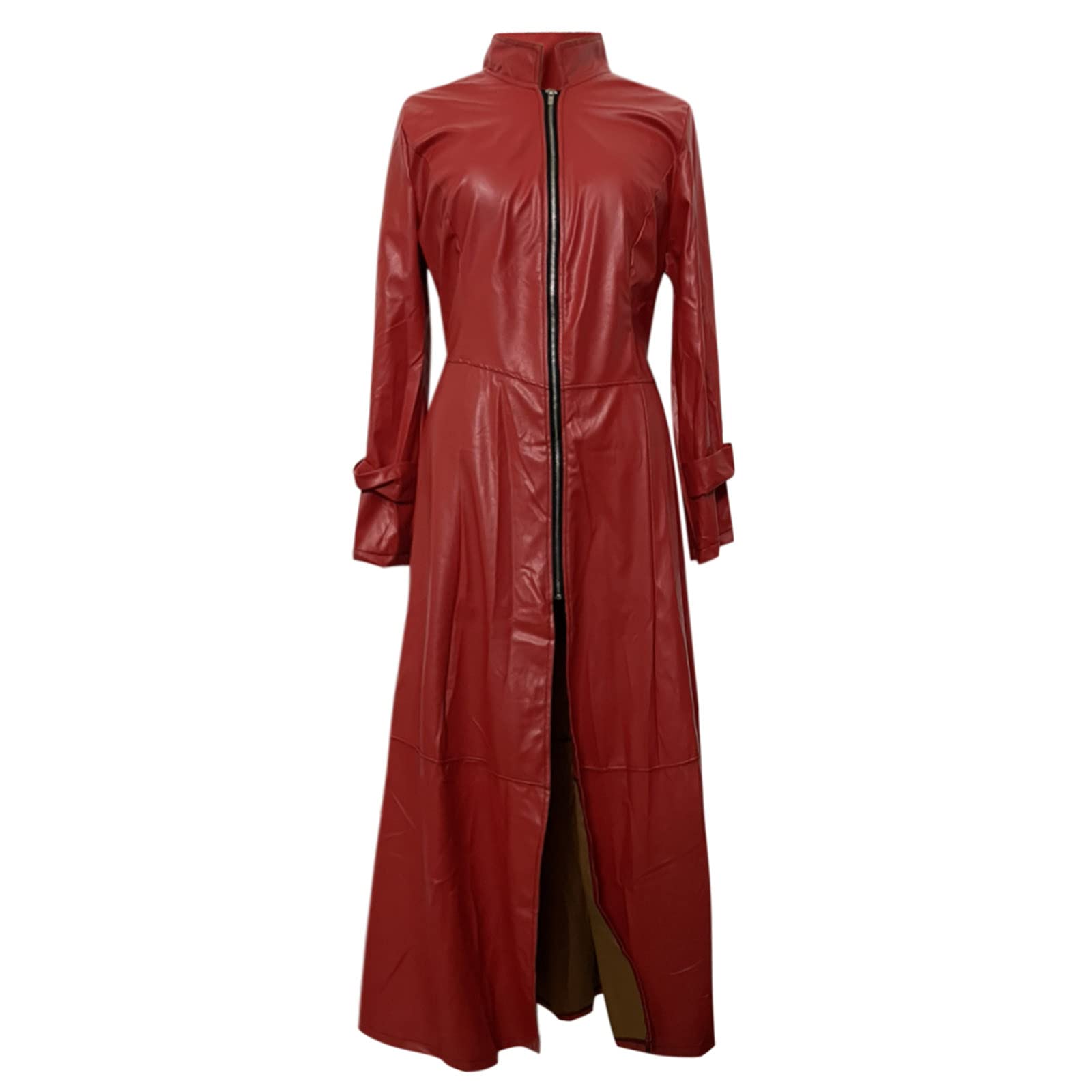 INESVER Womens Leather Long Sleeve Jacket Dress Full Zipper Leather Long Jacket Coats Fashion Lapel Collar Outwear