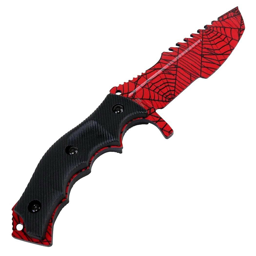 8.5" Red Black Spider Web Hunting Knife Stainless Steel Survival Fixed Blade Outdoor Knives