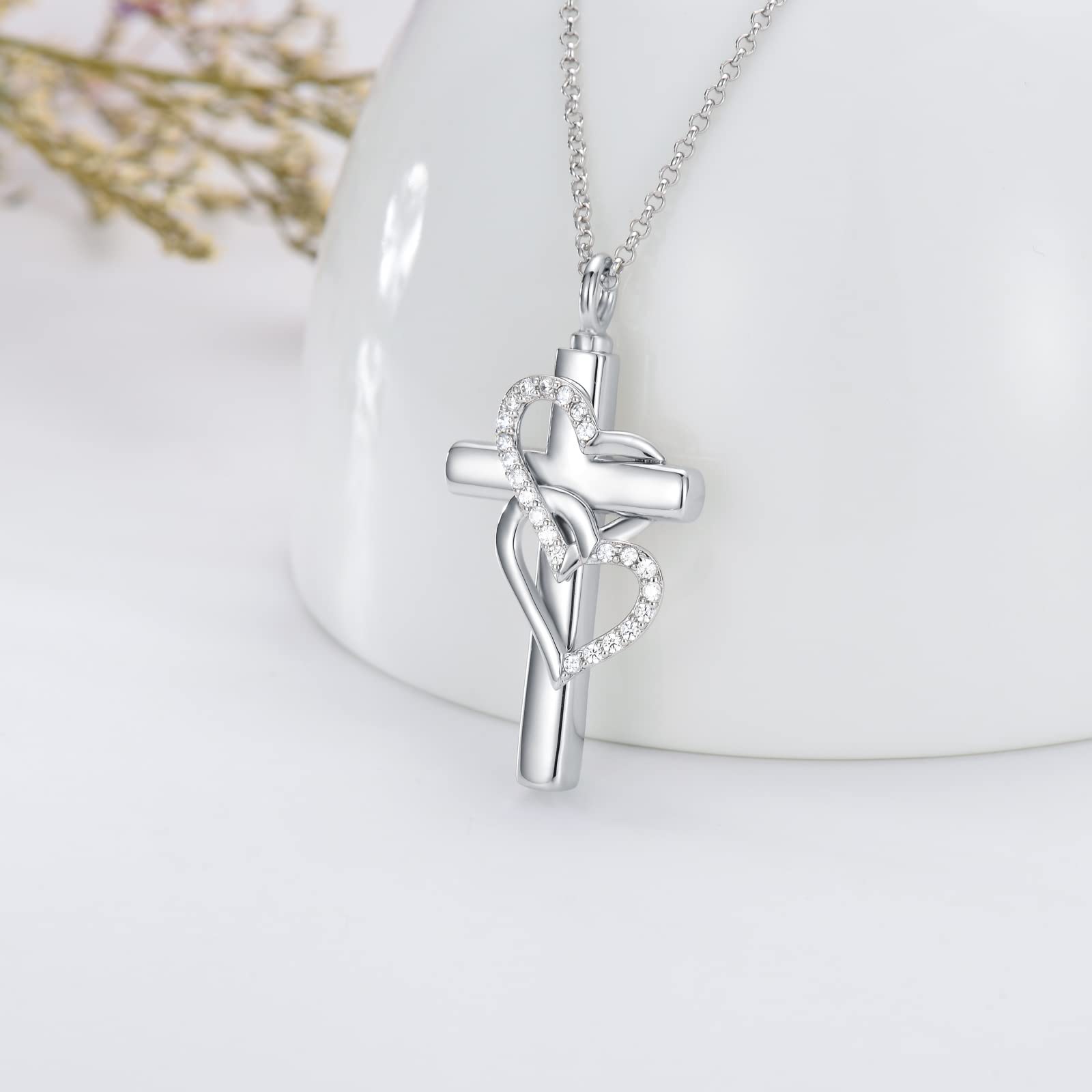 MEIDERBO Cross Urn Necklace for Ashes 925 Sterling Silver Cross Necklace Keepsake Cross Cremation Jewelry Cross Heart Pendant Memorial Gifts for Women Men Girls