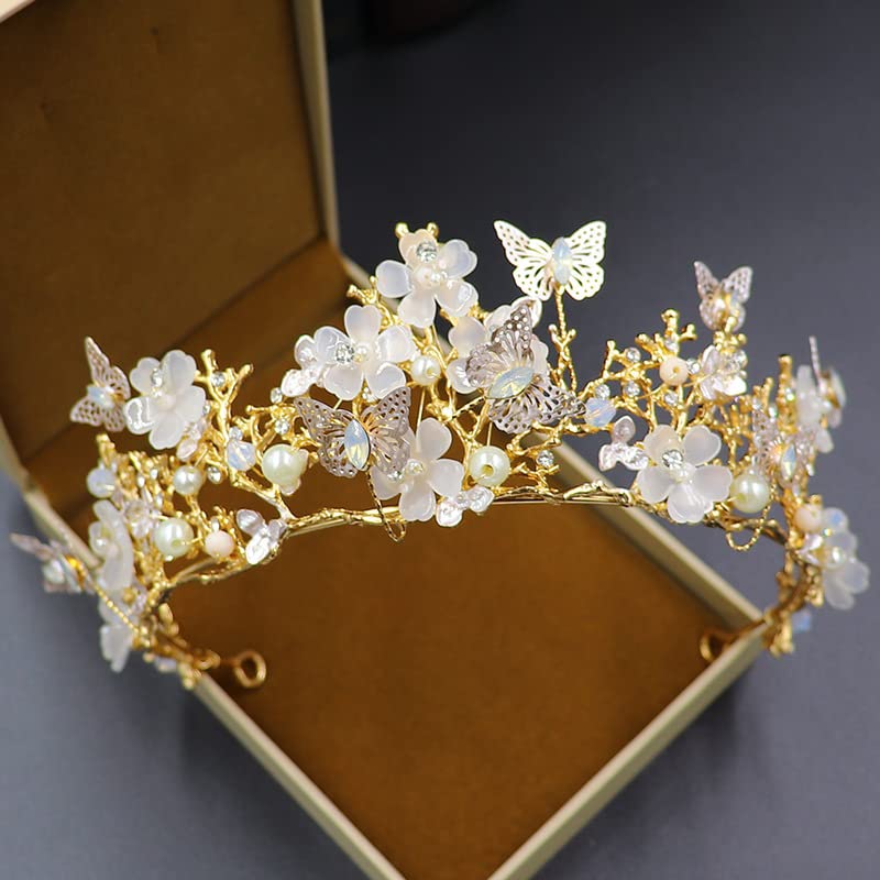 Butterfly Flower Tiara Bride Crown For Women Rhinestone Pearl Tiara For Girls Bridesmaid Fairy Crown Headband Wedding Birthday Party Jewelry Hair Accessories(Gold）