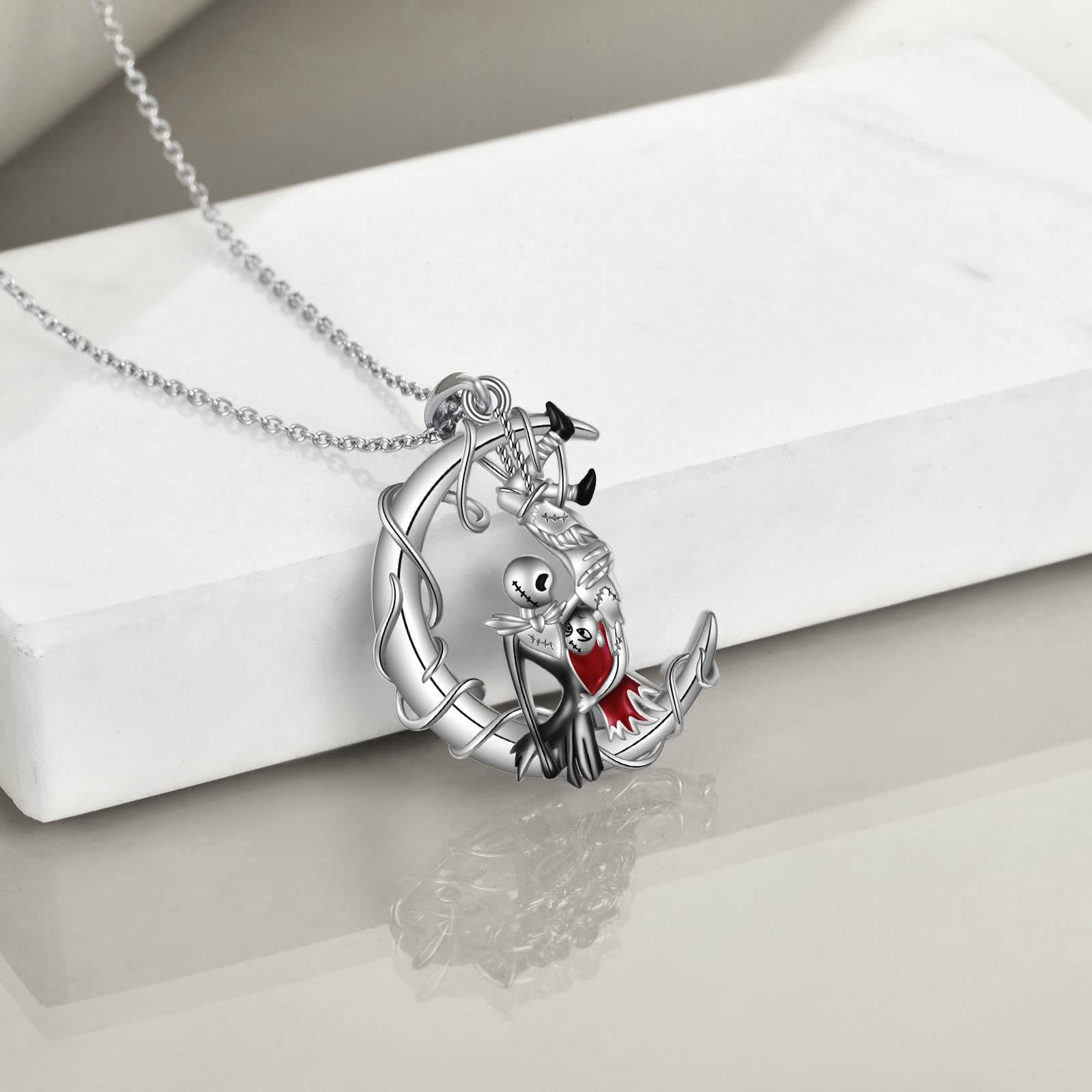 ONEFINITY Nightmare Necklace Sterling Silver Jack and Sally Moon Pendant Necklace Gothic Valentines Day Jewelry for Women Wife Daughter