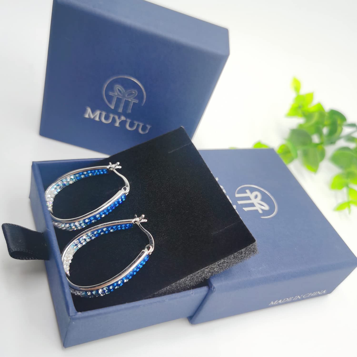 Rhodium Plated Blue and White Gradient Crystal Hoop Earrings for Women, Sparkly Royal Blue Earrings Fashion Jewelry