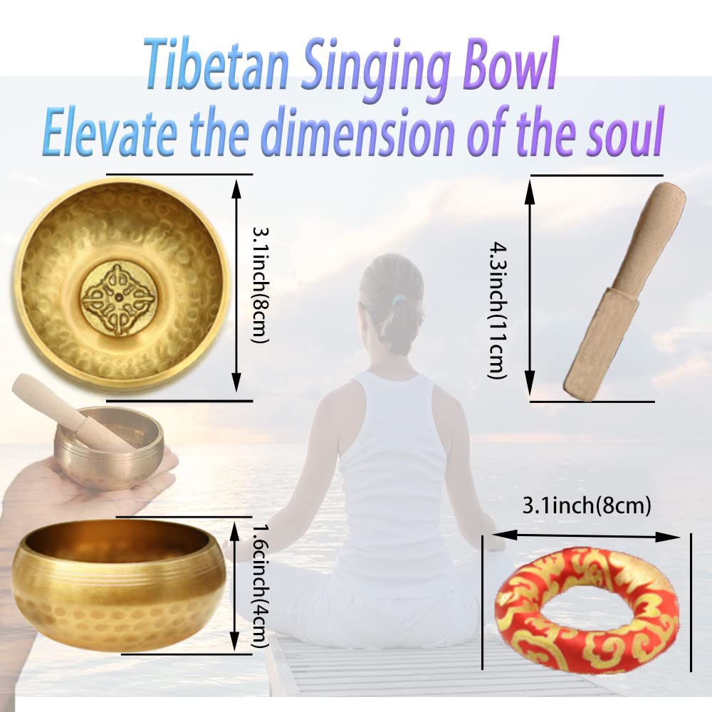 8 Pcs Tibetan Buddhist Meditation Bells Set,3.1inch Singing Bowl Set,2.5inch Tingsha Bells,7.5inch Brass Bell Dorje Vajra,Singing Scripture Implement,8inch Dharma Mat and Zen Bag