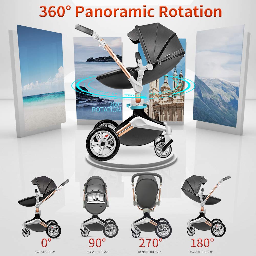 Hot Mom 2 Ultra Baby Stroller with 360° Rotation Function, PU Leather Pushchair Stylish and Convenient Pram for Newborns, 2024 (Dark Grey)